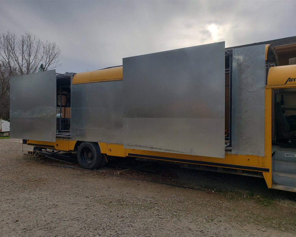 Today our bus is waiting for Spring to begin designing the interior. We are hoping to have it finished by next summer to travel all over the United States with our dogs!
